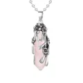 Natürlicher Rosenquarz Kristall Anhänger Halskette mit silberner Blumen Ranke Detail - Rosa Jade
