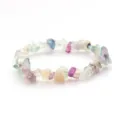 Close-up detail view of the multicolored natural crystal chip gemstone stretch bracelet. - Fluorite