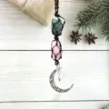 Handmade woven crystal pendant featuring raw green and pink stones with a silver crescent moon. - Coffee Cord + Green Aventurine + Rose Quartz