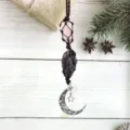 Handmade raw crystal car hanging ornament with amethyst pink quartz moon star pendant detail - Coffee Cord + Rose Quartz + Amethyst