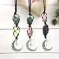 Handmade raw crystal stone pendant with metal moon and star charms, perfect for car hanging decor. - Coffee Cord + Clear Quartz + Rose Quartz