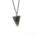 Close-up detail of the natural crystal cone pendant and metallic chain, polished facet texture. - Hexagonal Cone Pendant / Unakite