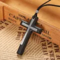 Retro wooden cross pendant necklace with cord, vintage style black cross charm for men and women. - Black Double-layer Cross (Velvet Rope)