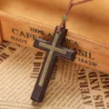 Vintage wooden cross pendant necklace and car rear view mirror hanging ornament for couple. - Brown Double-layer Cross (Velvet Rope)