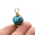 Handgemachter drahtummantelter Türkis runder Stein Anhänger Halskette Modeschmuck Edelstein - Einzelner Anhänger (12mm Packung) / Gold Blau Türkis