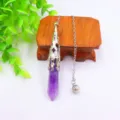 Detail shot of natural amethyst crystal hexagonal prism pendulum necklace for women. - Amethyst Bead Chains