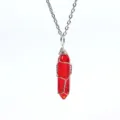 Roter Kristall Hexagon Säule Draht Umwickelt Anhänger Halskette Silber Kette Schmuck - Silber & Transparentes Rot