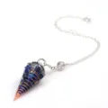 Detailed view of crystal dowsing pendulum with blue stone chips and copper wire wrapping. - Pendulum Pendant With Chain / Lapis Lazuli