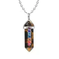 Tiger eye stone hexagonal pillar pendant necklace with colorful rhinestones, silver chain jewelry - Tiger's Eye
