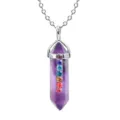 Hexagonal crystal prism pendant necklace with colorful rhinestones, silver-toned alloy chain. - Amethyst