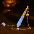 Natural stone pendulum hexagonal bullet pendant with golden filigree cap and beaded chain. - Opal / Gold