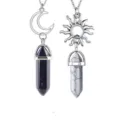 Couple sun moon crystal hexagonal pillar necklace set, retro silver chain pendant jewelry. - 2 Pieces/Pack / Blue Sandstone and White Turquoise