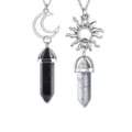 Sun and moon natural stone hexagonal column crystal couple necklace set, vintage pendant jewelry. - 2 Pieces/Pack / Black Turquoise and White Turquoise