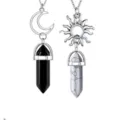 Detailed view of sun and moon crystal hexagonal bullet stone couple pendant necklace. - 2 Pieces/Pack / Black Agate & White Turquoise
