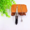 Black hexagonal column crystal pendulum pendant with silver metal cap and chain. - Black Agate Bead Chains