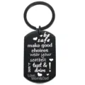 Llavero de placa de acero inoxidable negro grabado con mensaje de seguridad familiar amoroso. - Estilo Placa de Identidad / Negro
