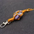 Natural raw crystal stone keychain, retro handmade macrame woven bag pendant accessory. - Amethyst
