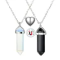 Couple magnetic crystal hexagonal pillar pendant necklace set, natural stone jewelry. - Black Agate and Opalite