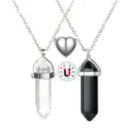 Natural crystal hexagonal pillar pendant couple necklace featuring magnetic heart design details. - Clear Quartz & Black Agate