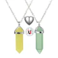 Natural stone crystal hexagonal pillar pendant couple necklace with magnetic heart - Topaz & Green Aventurine