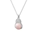 Silver owl pendant necklace close-up, featuring detailed carved wings and a pink gemstone body. - Rose Quartz