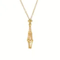 Gold metallic cage pendant detail shot showing the adjustable slider and geometric woven chain. - S / Gold
