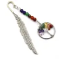 Handmade metal feather bookmark with 7 chakra crystal beads and tree of life pendant. - Feather Style & Round Tree of Life