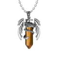 Vintage Drache umwickelt sechseckigen Kristall Stein Anhänger Halskette, gotischer Schmuck. - Tigerauge / Pterosaurier Einzelanhänger
