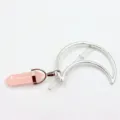 Silver crescent moon hair clip with pink crystal hexagonal prism pendant for women fashion - Rose Quartz