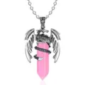 Rosa Kristall Sechseckige Säule Halskette mit Retro Silber Drachen Anhänger für Damen. - Farbpulver / Pterosaurier Einzelanhänger