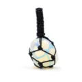 Closeup of handmade black woven net pocket holding a crystal gemstone pendant detail. - Opalite
