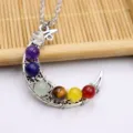 Chakra Kristall Stein Mondsichel Draht gewickelter Anhänger Halskette bunter Edelstein - Rundperlen-Stil mit Kette