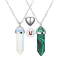 Magnetic couple hexagonal crystal pillar necklace set, white and green stone pendant charms. - Opal & Malachite