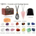 Detailed view of the 18-piece crystal healing stone set including wooden box and pendant. - 18-Piece Set A