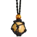 Handmade black braided rope crystal net pocket necklace gemstone holder sweater chain. - Irregular Natural Stone / Stones Approx 2-3cm / Topaz with Black Mesh Pouch