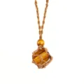 Handmade woven rope cage necklace detail showcasing natural gemstone block and wooden bead. - Irregular Natural Stone / Stones Approx 2-3cm / Tiger's Eye with Brown Mesh Bag