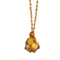 Detailed view of hand-woven brown rope net bag necklace featuring natural yellow crystal rough stone. - Irregular Natural Stone / Stones Approx 2-3cm / Topaz with Brown Mesh Pouch