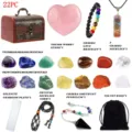 22Pcs Natural Chakra Crystal Healing Stones Set with Wooden Box Raw Stones Pendulum Bag - 22-Piece Rose Quartz Heart Set