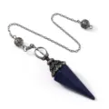 Gran detalle de collar colgante de cristal, elegante joyería de gema cono hexagonal. - Cadena de Bolas Huecas Doble (Colgante de Péndulo) / Lapislázuli (Plata Antigua)