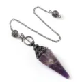 Péndulo de cristal de amatista natural sanación hexagonal cono piedra preciosa collar colgante. - Cadena de Bolas Huecas Doble (Colgante de Péndulo) / Amatista (Plata Antigua)