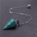 Turkis Stein Kegel Pendel Halskette mit silberner Metallkette fur Heilung Detail - Hexagonaler Kegelanhänger / Grüner Türkis