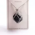 Natural crystal black stone metal cage woven pendant necklace detail display close-up - Silver Mesh Bag with Stone / Black Agate