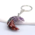 Llavero de luna de cristal natural colgante de gema envuelto en alambre regalo - Piedras trituradas de colores [Resina]