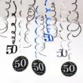 50th birthday party decorations PVC hanging swirl ceiling ornaments set for indoor celebration. - Age 50 / Blue Silver Black