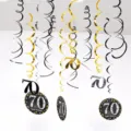 70th birthday party hanging swirl decorations 12pcs PVC ceiling streamers black gold silver - 70th Birthday / Gold Silver Black