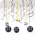 21st birthday party hanging swirl decorations 12pcs PVC ceiling spirals party decoration - 21 Years Old / Gold Silver Black
