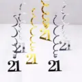 21st birthday party hanging swirl decorations set PVC foil ceiling swirls black gold silver - 21st Birthday Spiral Decorations (Gold Silver Black)