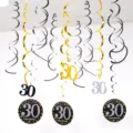 30th birthday party PVC hanging swirl decorations gold black silver ceiling decor 12pcs - 30 Years Old / Gold Silver Black