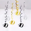 40th birthday party hanging swirl decorations metallic PVC ceiling swirls set of 6 - 40th Birthday Spiral Decorations (Gold Silver Black)