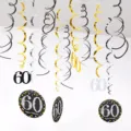60th birthday party hanging swirls decorations set, gold black silver PVC ceiling pendants. - Age 60 / Gold Silver Black